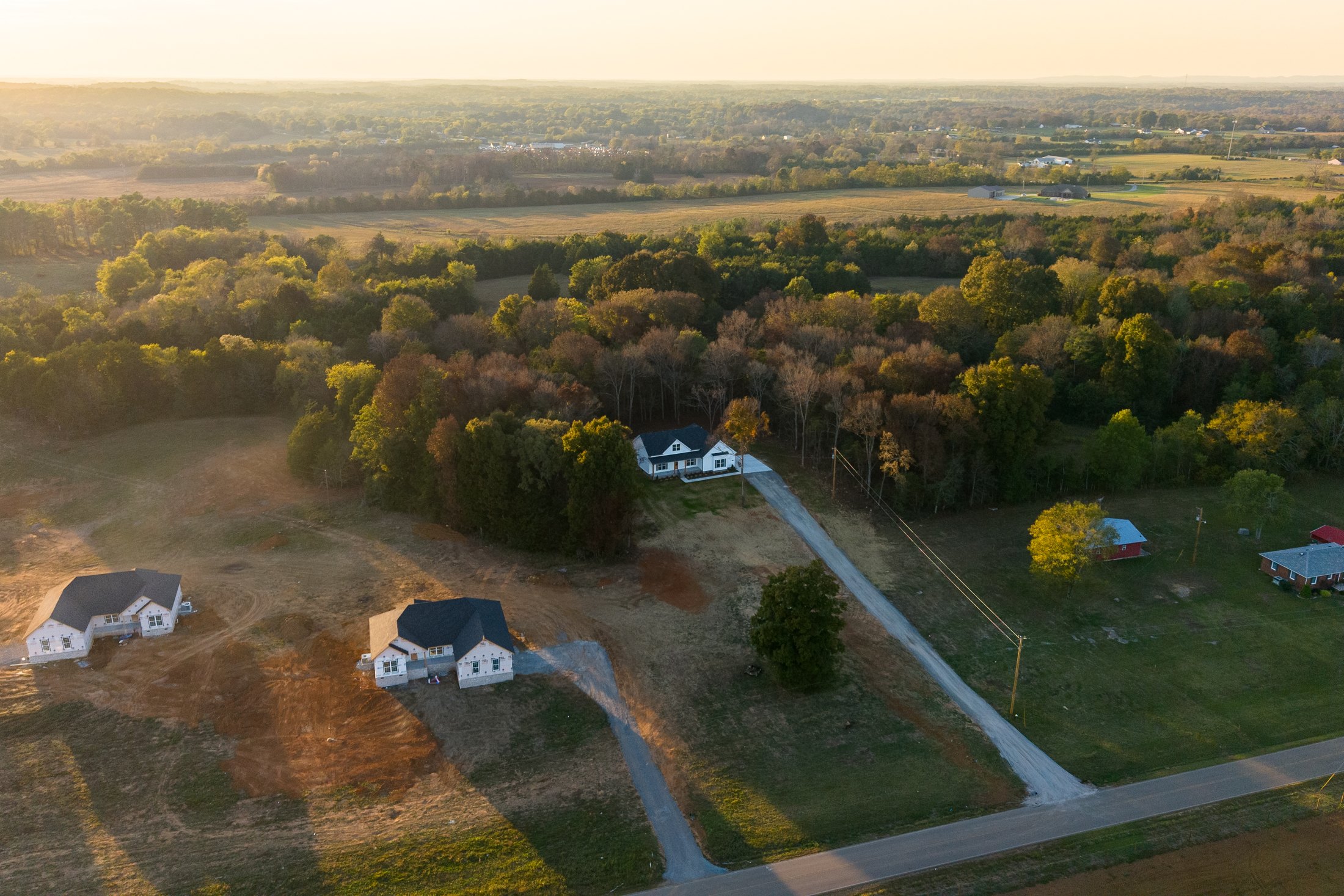 Golden-hour aerial photograph of El Bethel and the surrounding Tennessee countryside